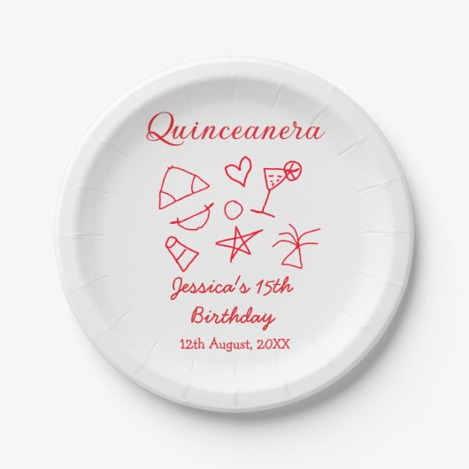 Quinceanera 15th birthday red beach party tree sun pappteller (Vorderseite)