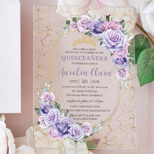 Quinceanera 16 15 Lila Flieder Blumen Modern Gold Acryleinladungen
