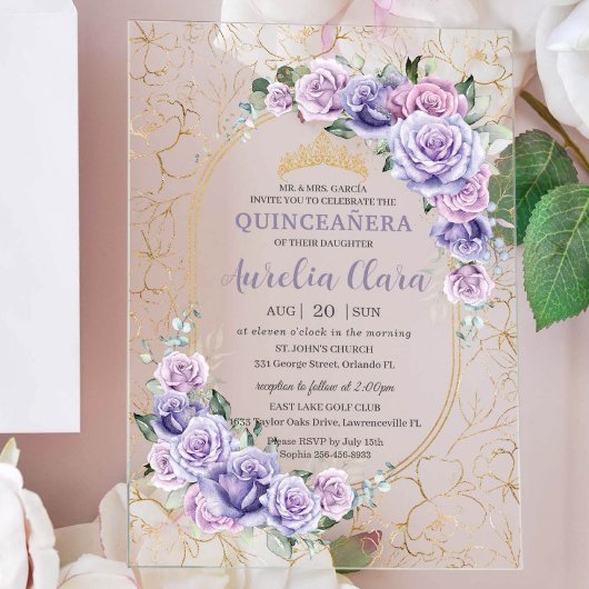 Quinceanera 16 15 Lila Lilac Floral Modernes Gold Acryleinladungen