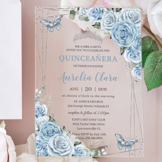 Quinceañera 16 Baby Blue Floral Butterflies Silver Acryleinladungen