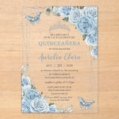 Quinceañera 16 Baby Blue Floral Butterflies Silver Acryleinladungen (Vorderseite)