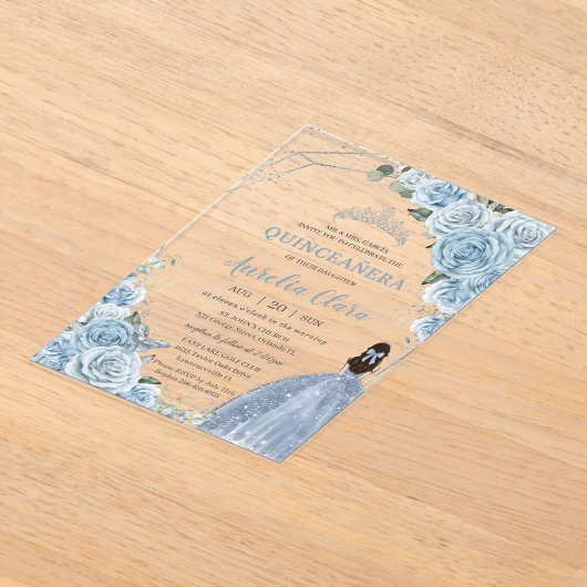 Quinceañera 16 Baby Blue Floral Prinzessin Silver Acryleinladungen (Ablage )