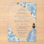 Quinceanera 16 Baby Blue Floral Prinzessin Silver Acryleinladungen (Vorderseite)