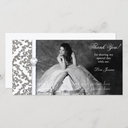 Quinceanera 16 . Geburtstag Glitzer Damask Dankeskarte (Vorne/Hinten)