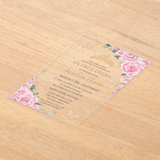 Quinceanera 16 Pink Roses Floral Gold Butterflies Acryleinladungen (Ablage )