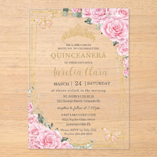 Quinceanera 16 Pink Roses Floral Gold Butterflies Acryleinladungen (Vorderseite)