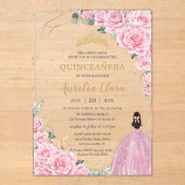 Quinceañera 16 Rosa Rosen Floral Gold Schmetterlin Acryleinladungen (Vorderseite)