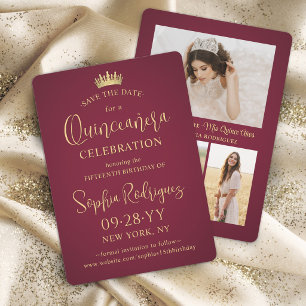 Quinceañera 3-Foto-Collage Burgund & Goldkrone Save The Date