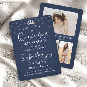 Quinceañera 3 Foto-Collage Elegantes Navy Blau Save The Date