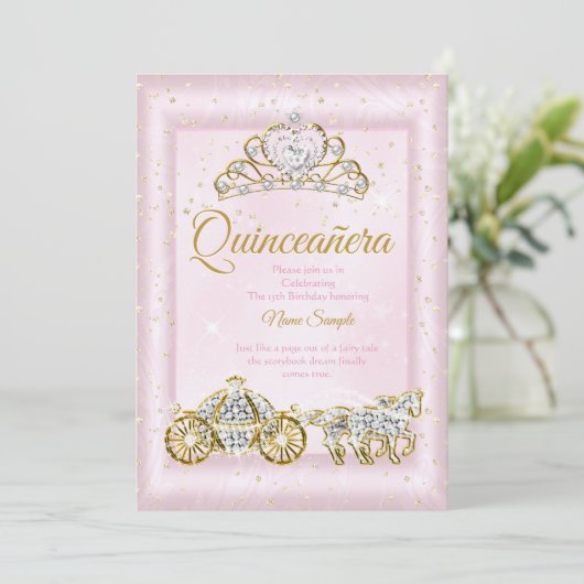 Quinceanera Ainderella Blush Pink Carriage Einladung (Stehend Vorderseite)