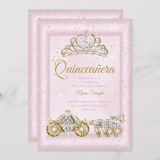 Quinceanera Ainderella Blush Pink Carriage Einladung (Vorne/Hinten)