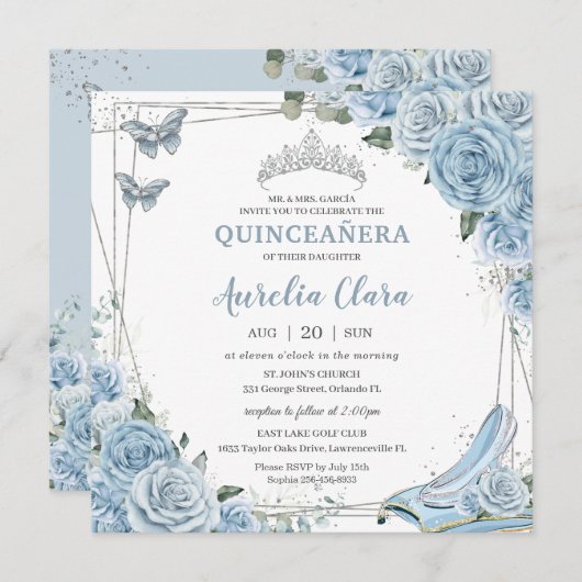 Quinceañera Ainderella Princess Baby Blue Floral Einladung (Vorne/Hinten)
