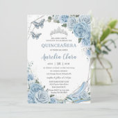 Quinceañera Ainderella Princess Baby Blue Floral Einladung (Stehend Vorderseite)