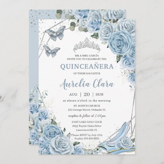 Quinceañera Ainderella Princess Baby Blue Floral Einladung (Vorne/Hinten)