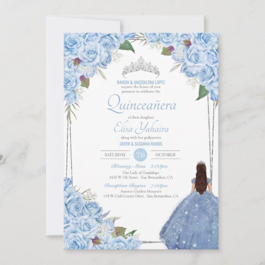 Quinceanera Ainderella Princess Blue Rose Geburtst Einladung (Vorderseite)