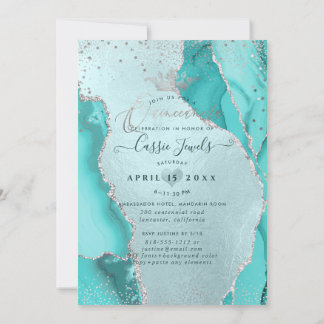 Quinceanera, Aqua Blue Agate Imitate Silver Confet Einladung