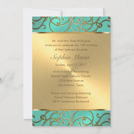 Quinceanera Aqua Green und Gold Filigree Wirbel Einladung (Vorderseite)