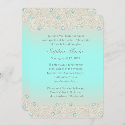 Quinceanera Aqua Sparkle und Lace Einladung (Vorne/Hinten)