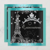 Quinceanera Aquamarin Blue Glitzer Tiara Eiffel To Einladung (Vorne/Hinten)