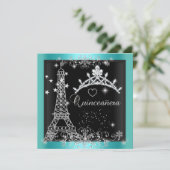 Quinceanera Aquamarin Blue Glitzer Tiara Eiffel To Einladung (Stehend Vorderseite)