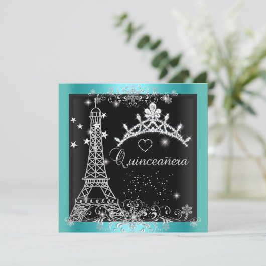Quinceanera Aquamarin Blue Glitzer Tiara Eiffel To Einladung (Stehend Vorderseite)