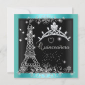 Quinceanera Aquamarin Blue Glitzer Tiara Eiffel To Einladung (Vorderseite)