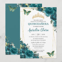 Quinceañera Aquamarin Blue Green Floral Butterflie