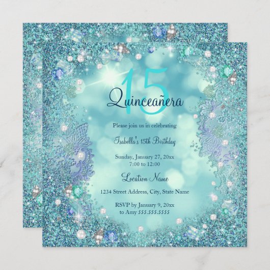 Quinceanera Aquamarin Blue Pearls Ocean Sky Geburt Einladung (Vorne/Hinten)