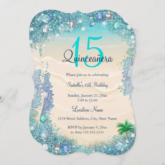 Quinceanera Aquamarin Blue Sand Ocean Beach Geburt Einladung (Vorne/Hinten)