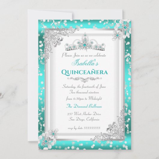Quinceanera Aquamarin Blue Silver Snowflake Tiara Einladung (Vorderseite)