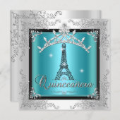 Quinceanera Aquamarin Blue Silver Tiara Eiffel Tow Einladung (Vorne/Hinten)