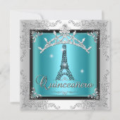 Quinceanera Aquamarin Blue Silver Tiara Eiffel Tow Einladung (Vorderseite)