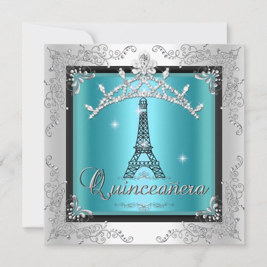 Quinceanera Aquamarin Blue Silver Tiara Eiffel Tow Einladung (Vorderseite)