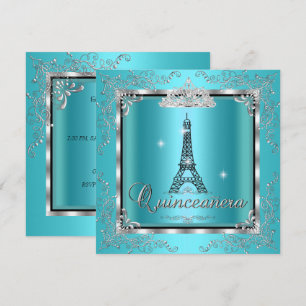 Quinceanera Aquamarin Blue Silver Tiara Eiffelturm Einladung
