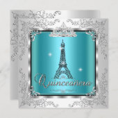 Quinceanera Aquamarin Blue Silver Tiara Eiffelturm Einladung (Vorne/Hinten)