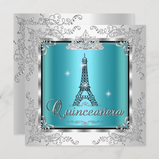 Quinceanera Aquamarin Blue Silver Tiara Eiffelturm Einladung (Vorne/Hinten)