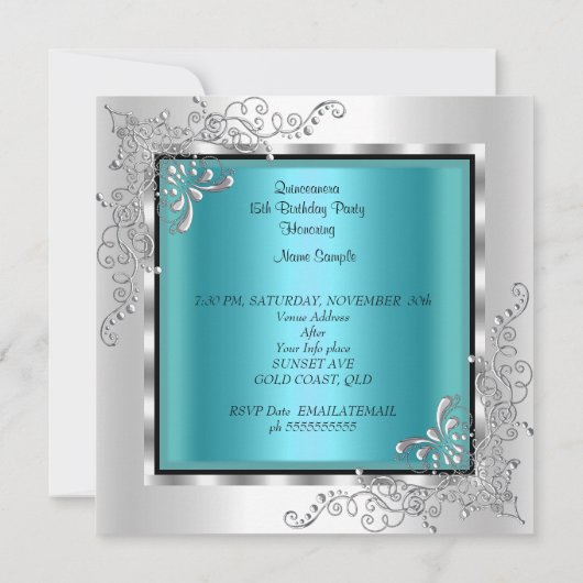 Quinceanera Aquamarin Blue Silver Tiara Eiffelturm Einladung (Rückseite)