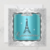 Quinceanera Aquamarin Blue Silver Tiara Eiffelturm Einladung (Vorderseite)