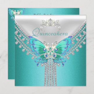 Quinceañera Aquamarin Blue White Butterfly Diamond Einladung