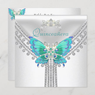 Quinceañera Aquamarin Blue White Butterfly Diamond Einladung