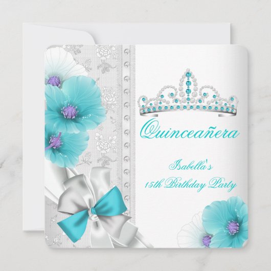 Quinceanera Aquamarin Blue White Floral Diamond Ti Einladung (Vorderseite)