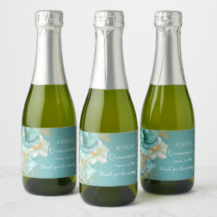Quinceanera Aquamarin Gold Floral Mini Champagne L Schaumweinetikett