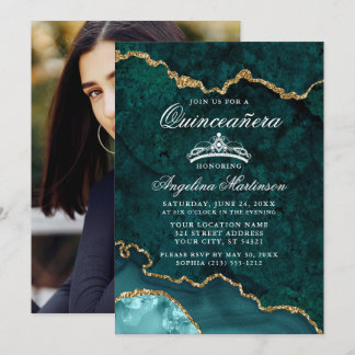Quinceanera Aquamarin Gold Marble Agate Geode Foto Einladung