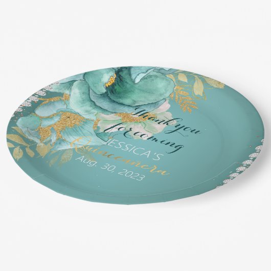 Quinceanera Aquamarin Gold Personalisierte Papierp Pappteller (Schrägansicht)