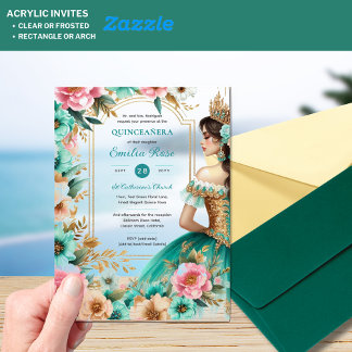 Quinceañera Aquamarin Green Gold Mis Quince Blume Acryleinladungen