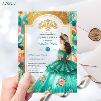 Quinceañera Aquamarin Green Gold Mis Quince Blume Acryleinladungen
