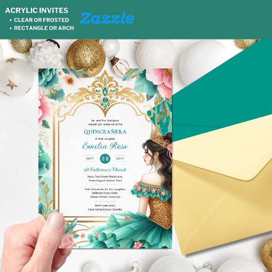 Quinceañera Aquamarin Green Gold Mis Quince Blume Acryleinladungen