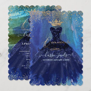 Quinceanera Aquamarin Navy Blue Watercolor Gown Einladung