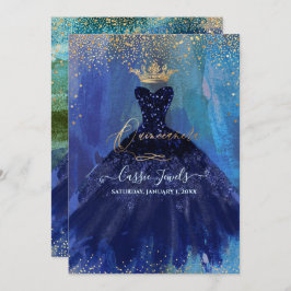 Quinceanera Aquamarin Navy Blue Watercolor Gown Einladung