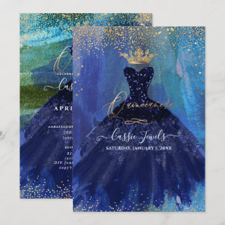 Quinceanera Aquamarin Navy Blue Watercolor Gown Einladung